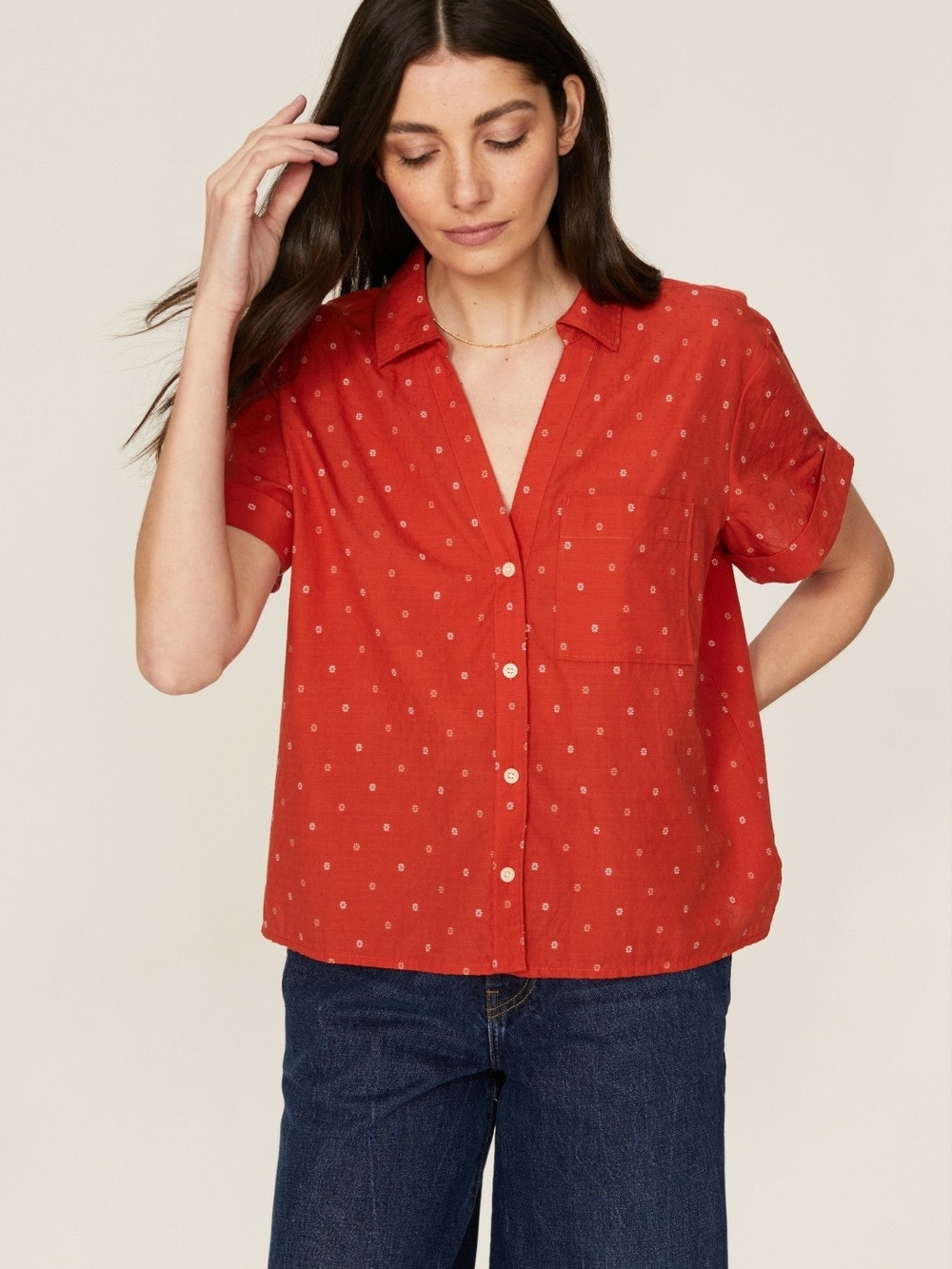 Madewell Orange-Red Short-Sleeve Button-Front Shirt